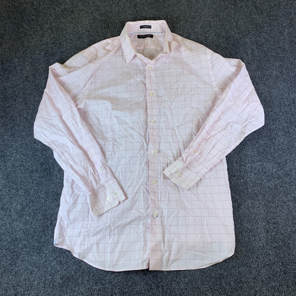 Banana Republic Dress Shirt Men Large 16-16.5 Light Pink Grid Slim Fit Button Up